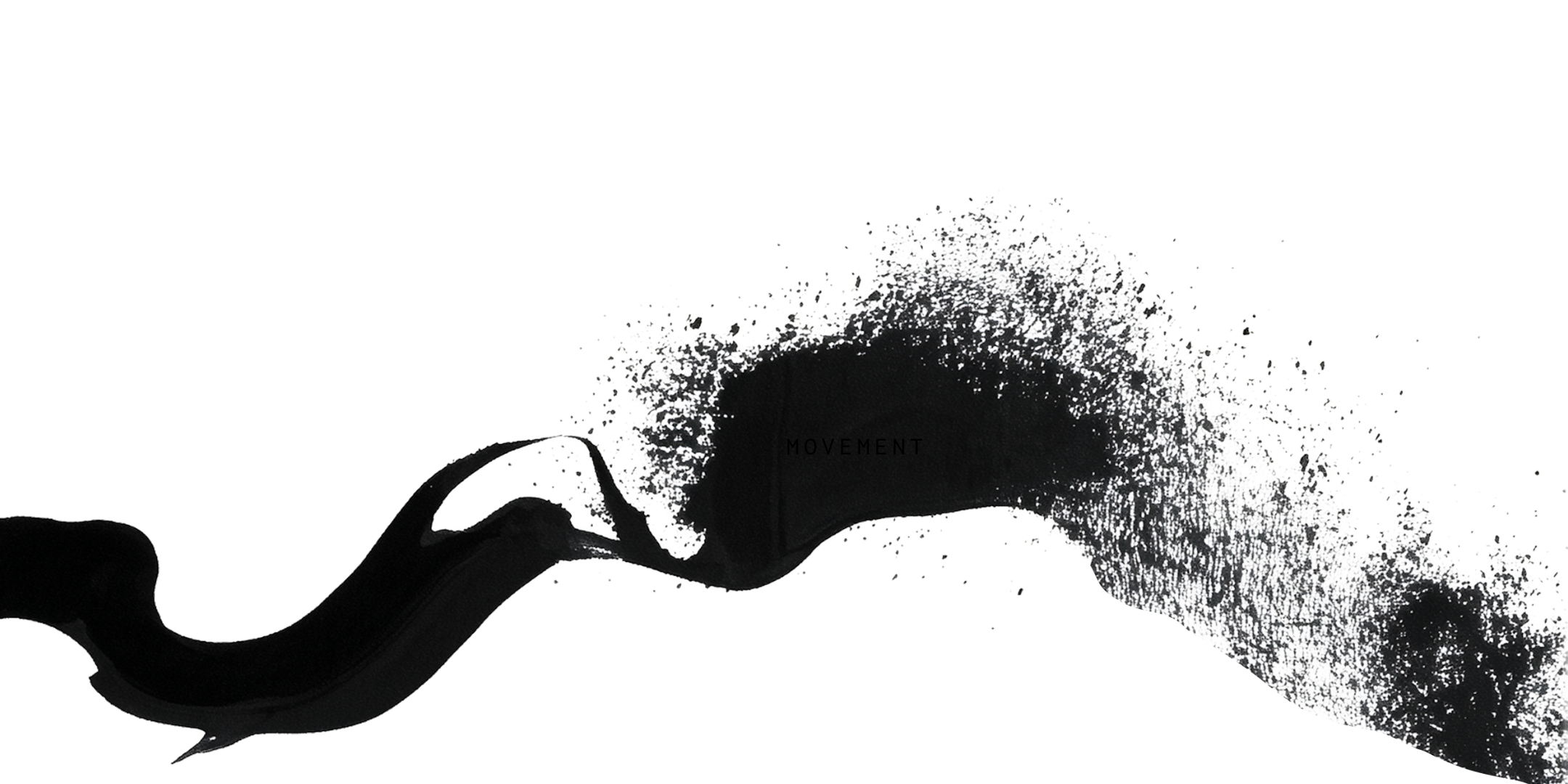 Abstract black and white illustration of a hand, with the word 'MOVEMENT' inside it, a chair shape at the bottom, and a dynamic, textured background.