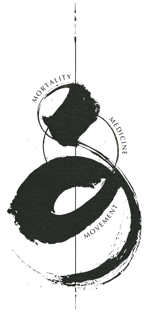 Abstract black and gray sculptural art piece with flowing shapes and circular elements, suspended on a vertical rod.