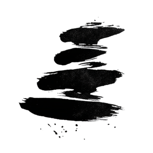 Digital glitch art with black brush strokes and horizontal lines on a black background.