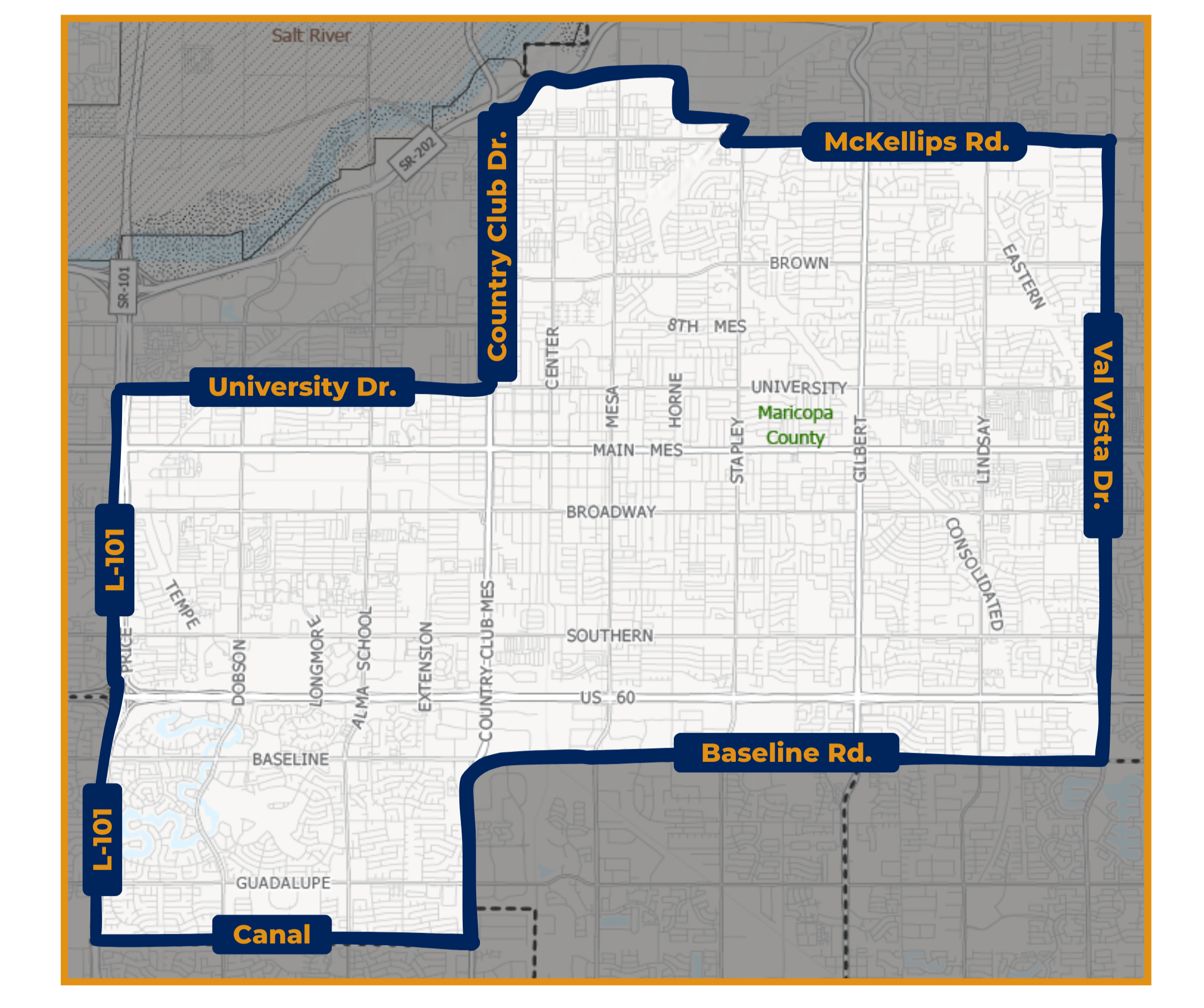 Map outlining a route in Maricopa County, Arizona, with streets labeled University Dr., Country Club Dr., McKellips Rd., Val Vista Dr., Baseline Rd., L-101, and Canal.