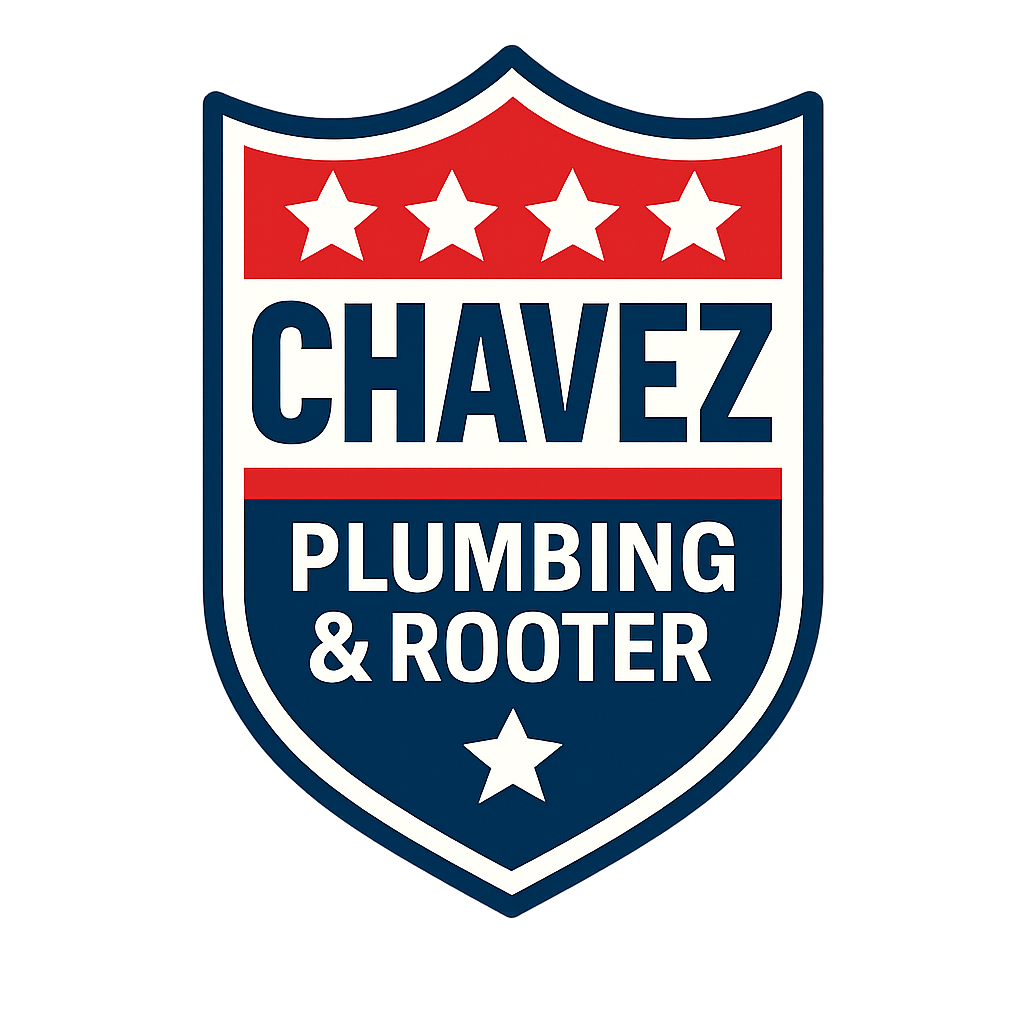 Sign for Chavez Plumbing & Rooter with a red, white, and blue shield design, four red stars at the top, and a white star at the bottom.