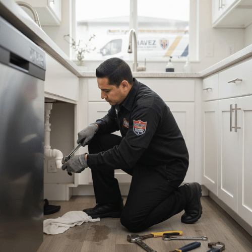 A plumber wearing a Chavez Plumbing uniform and gloves kneels on the floor of a modern white kitchen while working on pipes under the sink. Tools including a wrench and screwdriver, are spread on the floor beside him. 