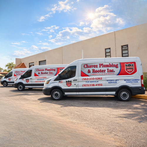 Three Chavez Plumbing & Rooter Inc. service vans parked outside a commercial building on a sunny day with a partly cloudy sky.