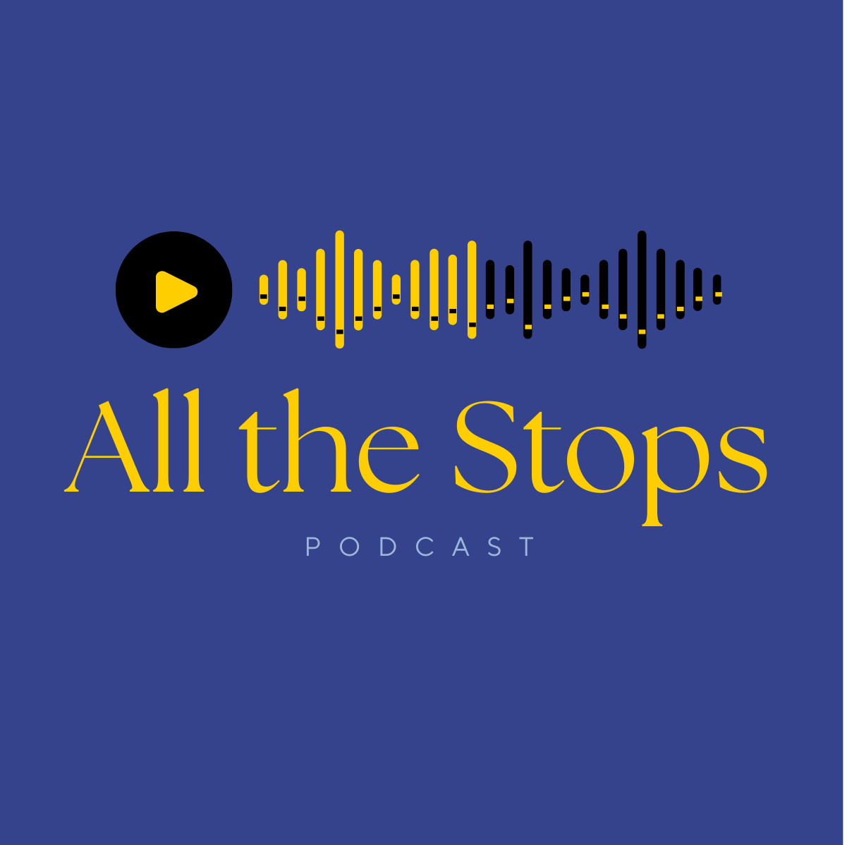 All the Stops Podcast Logo. includes audio waveform that looks like organ pipes.