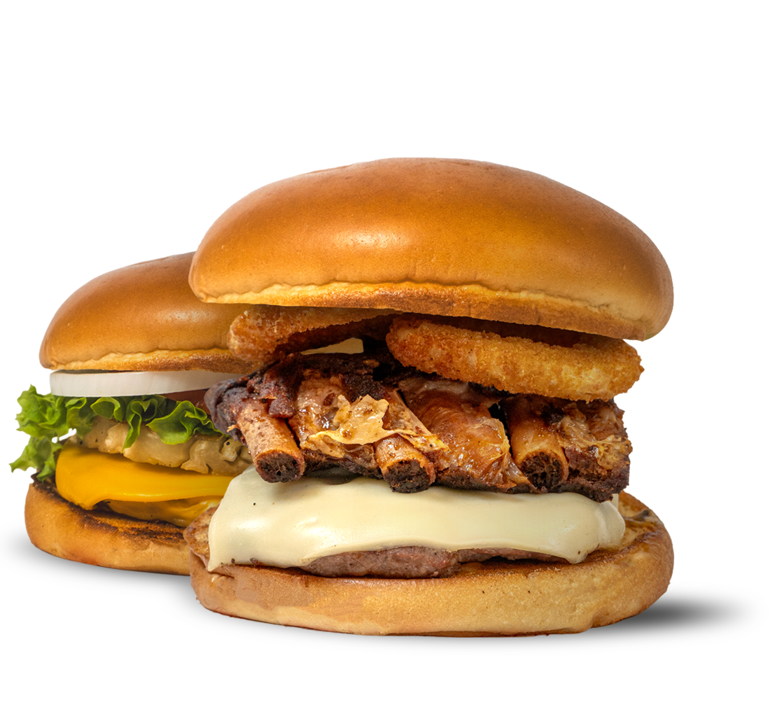 Deliciosas hamburguesas con piña, costillas bbq y aros de cebolla.