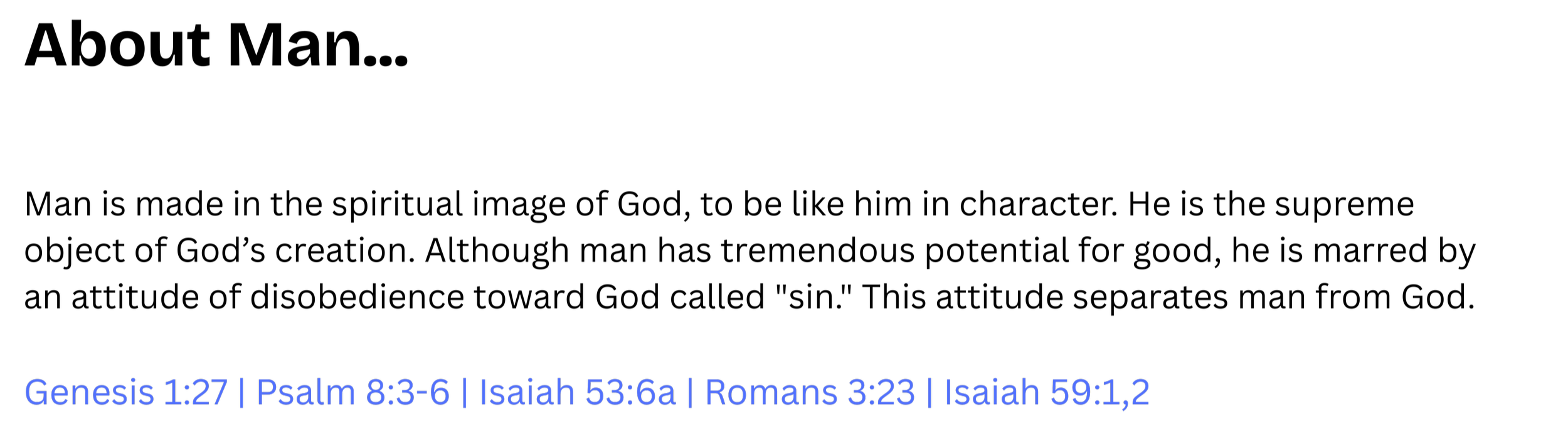 Close-up of a Bible with scripture references at the bottom, including Genesis 1:27, Psalm 8:3-6, Isaiah 53:6a, Romans 3:23, and Isaiah 59:1-2.