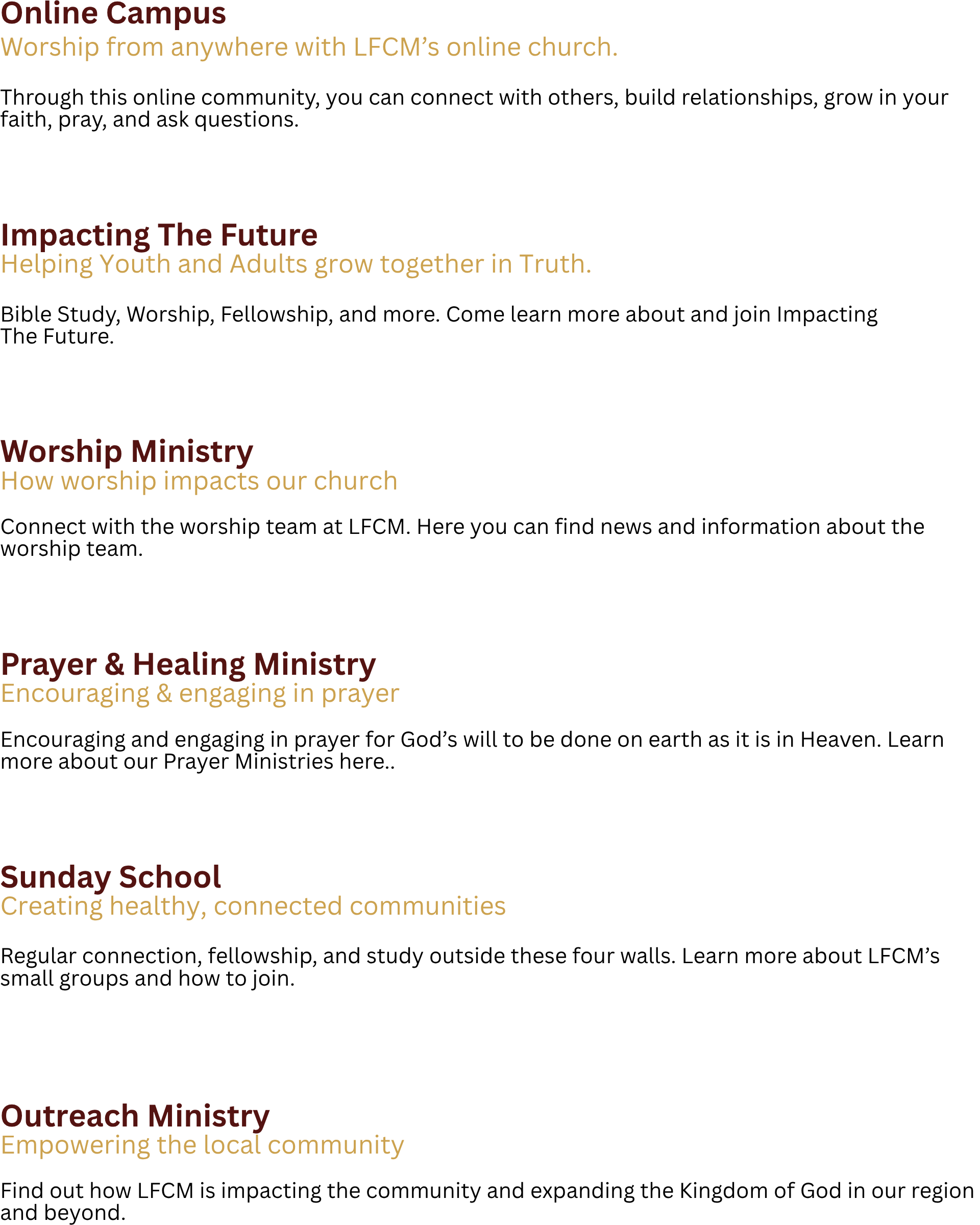 Text-based infographic with sections titled 'Online Campus,' 'Impacting The Future,' 'Worship Ministry,' 'Sunday School,' and 'Outreach Ministry,' each with descriptions related to church activities and community involvement.