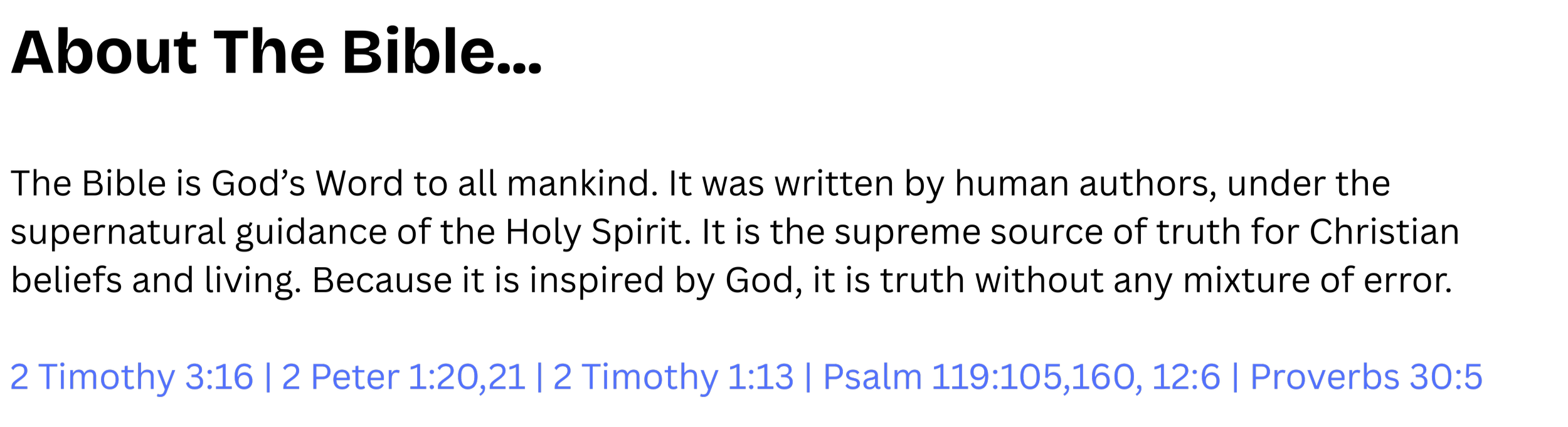 A background with black and white and blue text listing various Bible verses from 2 Timothy, 2 Peter, Psalm, and Proverbs.