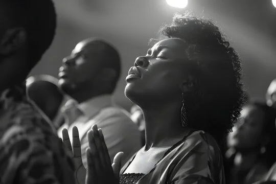 A woman with closed eyes praying in a church with others around her.