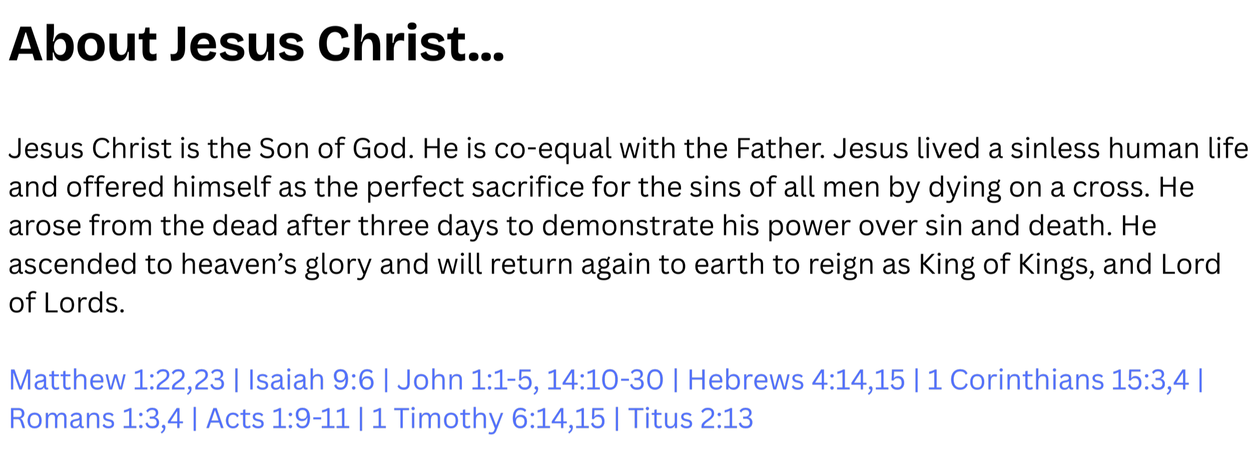 Bible verse references on a black background in blue text, including Matthew 1:22-23, Isaiah 9:6, John 1:1-5, 14:10-30, Hebrews 4:14-15, 1 Corinthians 15:3-4, Romans 1:3-4, Acts 1:9-11, 1 Timothy 6:14-15, Titus 2:13.