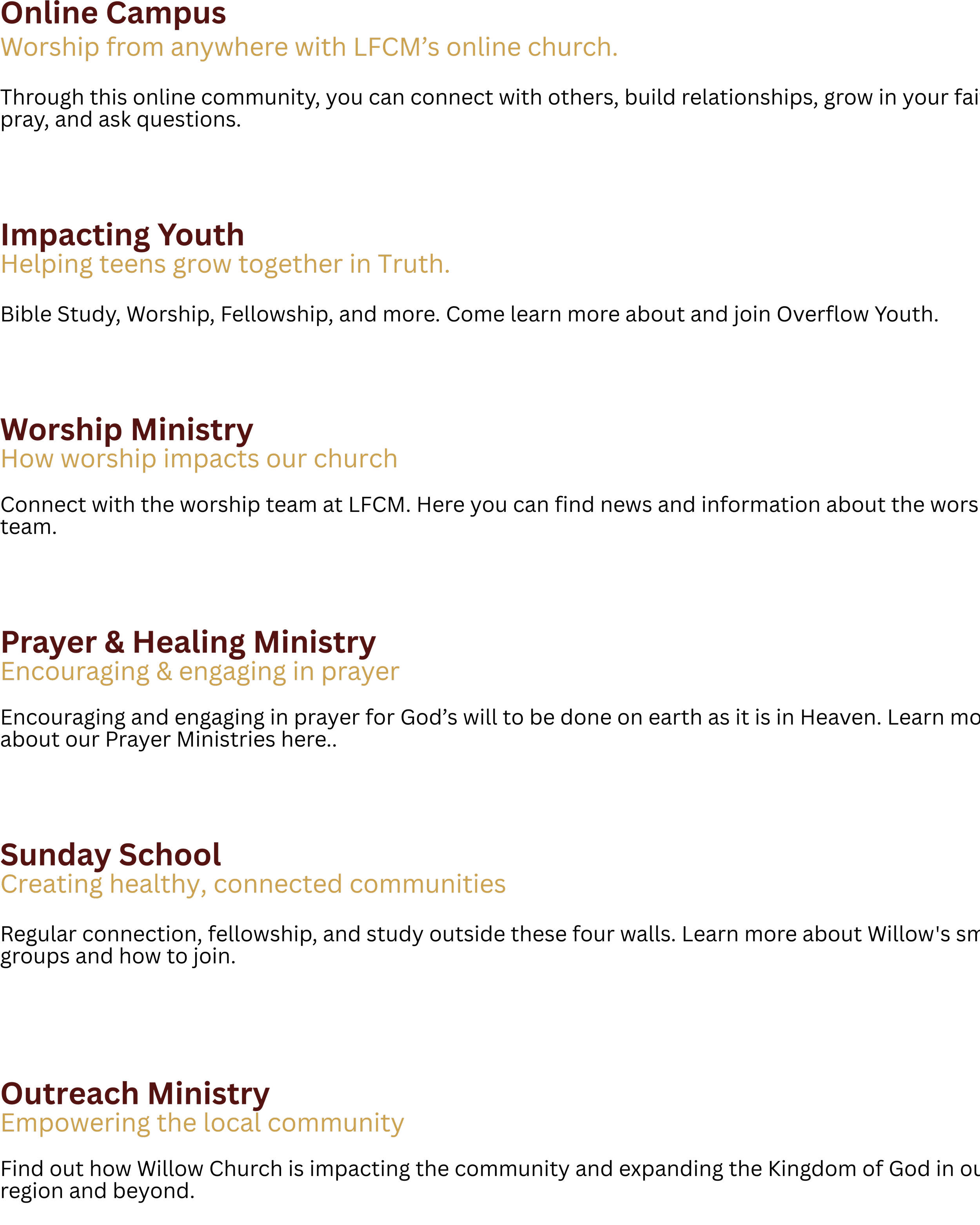 A black background poster with red and gold text about an online church campus. Sections include 'Impacting Youth' with the tagline 'Helping teens grow together in Truth,' 'Worship Ministry' about worship's impact, 'Prayer & Healing Ministry' on encouraging prayer, 'Sunday School' on creating healthy communities, and 'Outreach Ministry' focused on empowering the community.