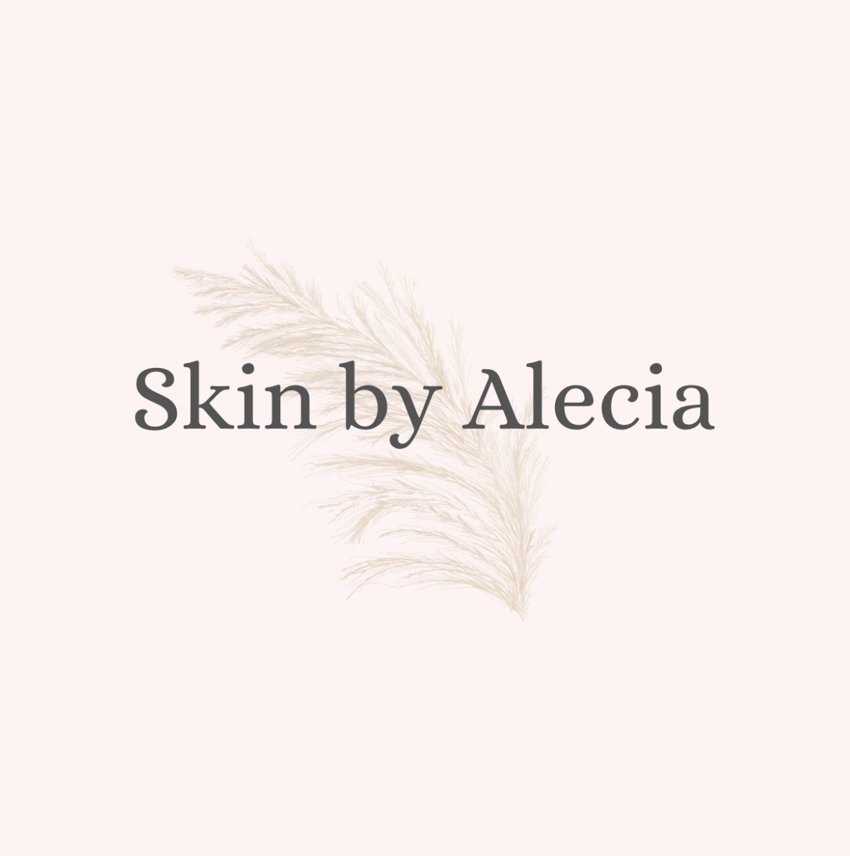 Logo for Skin by Alecia featuring a delicate beige feather and soft pink background.