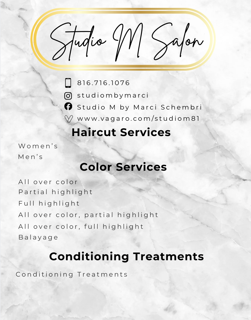 Business card for Studio M Salon with contact details, social media links, and list of hair and color services offered, along with conditioning treatments, on a marble background.