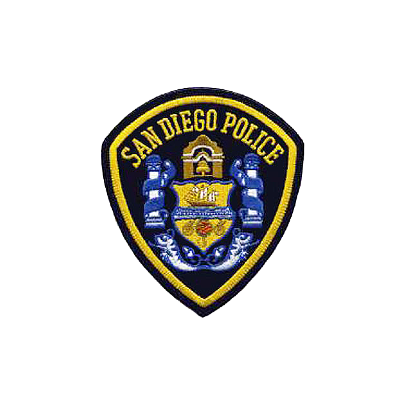 San Diego Police Department badge with a black background, featuring a central shield with a tower, scales, and laurel leaves.