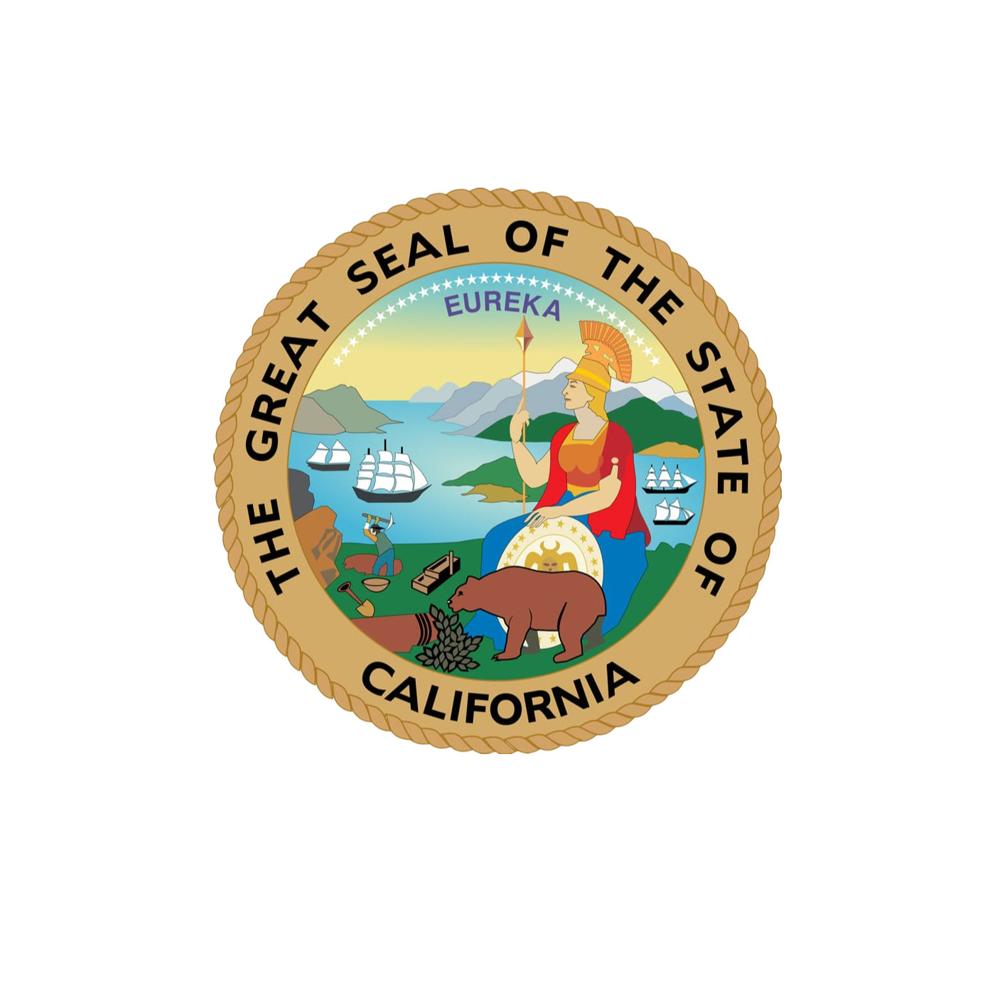 Seal of California featuring a seated woman with a spear, a bear, ships in water, mountains, and the word "Eureka" above.