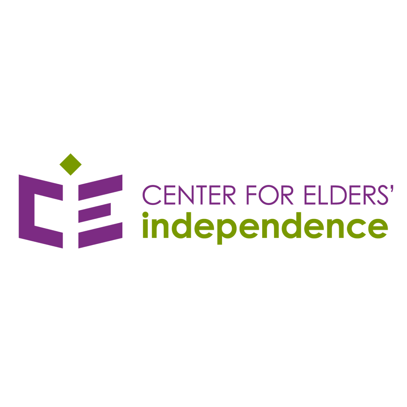 Logo of the Center for Elders' Independence with purple and green text and a stylized purple and green geometric emblem on a black background.