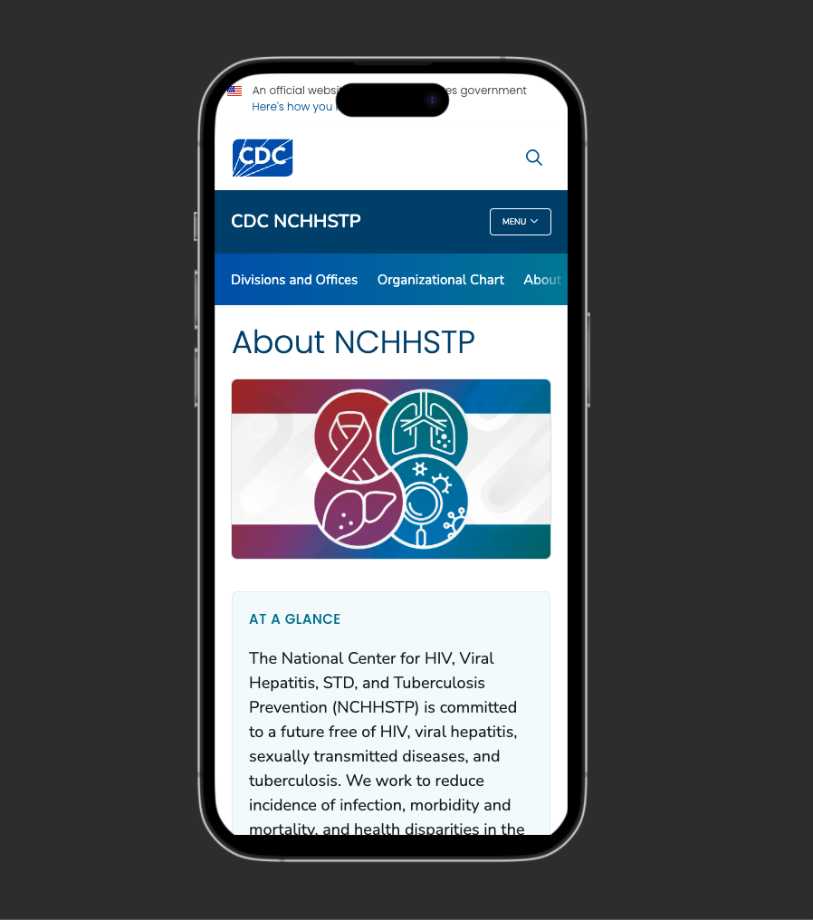 Smartphone displaying the CDC website page about NCHHSTP, with sections about HIV, viral hepatitis, STD, and tuberculosis prevention.