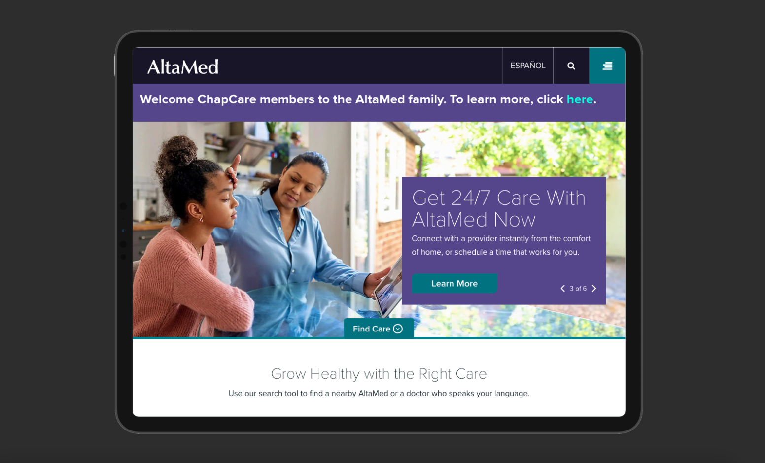 Screenshot of a tablet displaying the AltaMed healthcare website with a header, image of a healthcare professional and a young patient, and various call-to-action buttons.