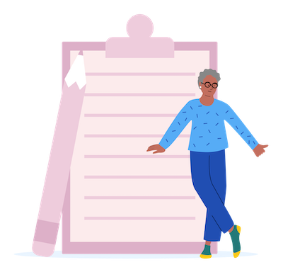 Illustration of a person with glasses and gray hair, leaning against a large clipboard with lined paper, holding a pen, with a pen and paper nearby.