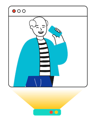 Cartoon of a person with a striped shirt and blue jacket talking on a cell phone, shown in a computer window.