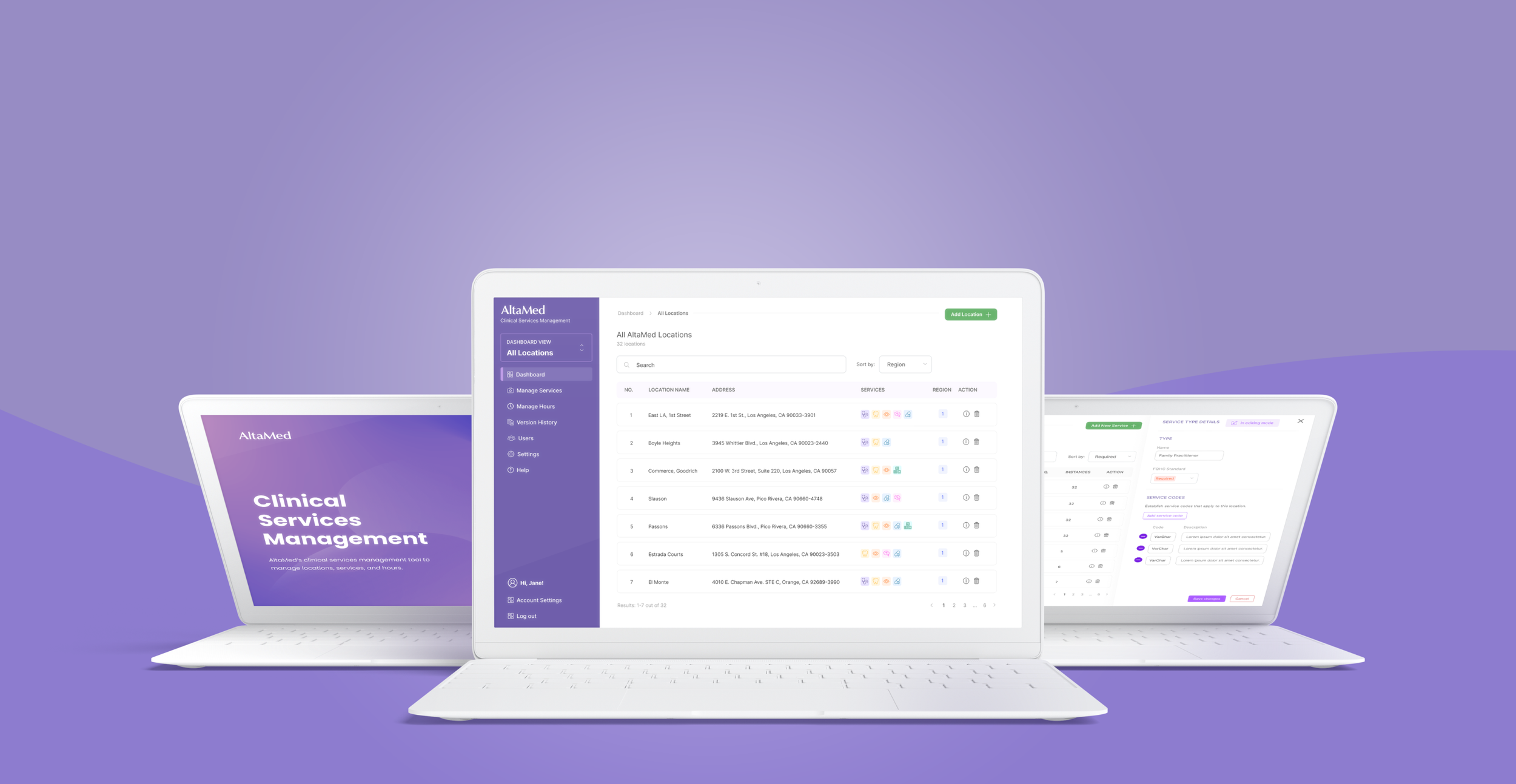 Three white laptops on a purple background displaying different screens of AltaMed's clinical services management software.
