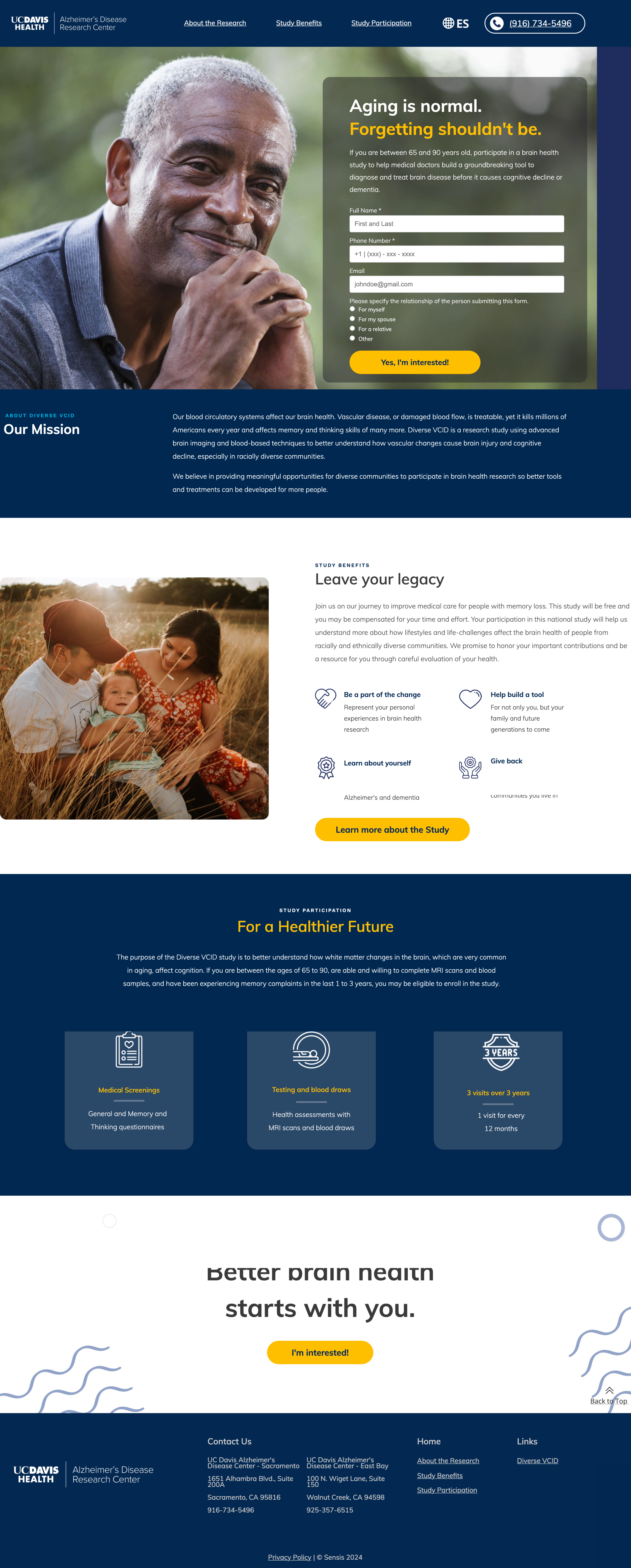 Website page of UC Davis Alzheimer's Research Center promoting brain health studies for aging adults, featuring a smiling older man and a family with a child, with sections on study benefits, participation, and contact information.