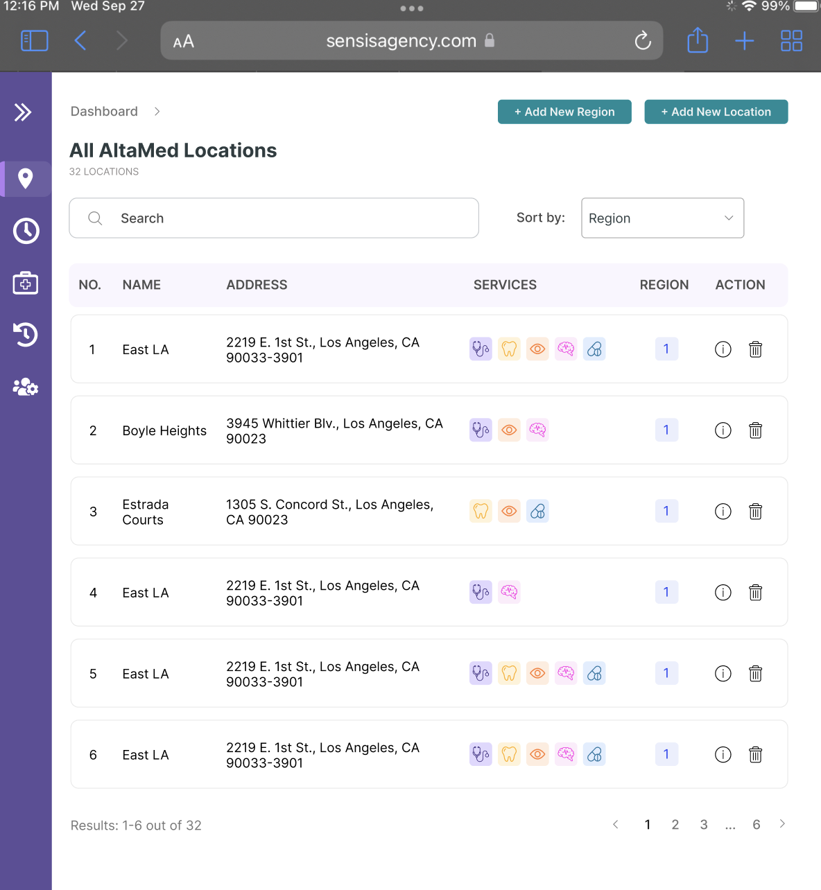 Screenshot of a web page showing a list of AltMed locations in Los Angeles, California, with addresses and service icons for dental, eye, and other medical services.