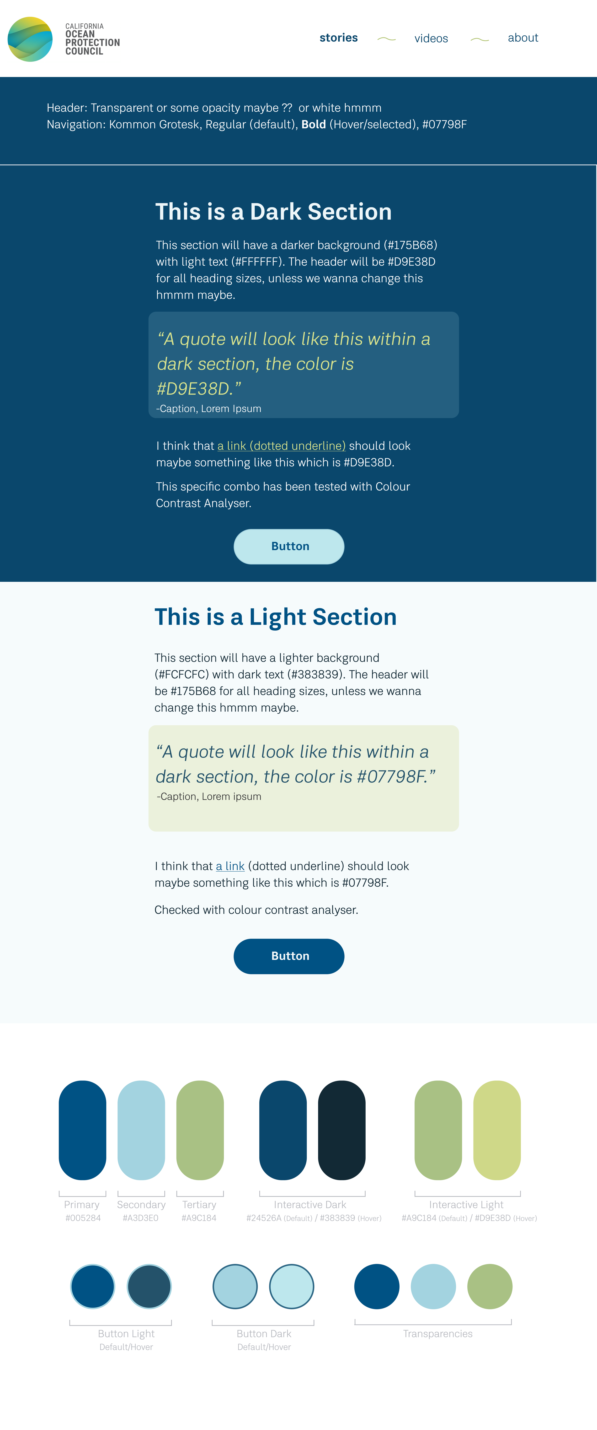 A webpage from the California Ocean Protection Council explaining dark and light sections with color samples at the bottom, including primary, secondary, tertiary, interactive dark, interactive light, button light, button dark, and transparent color samples.
