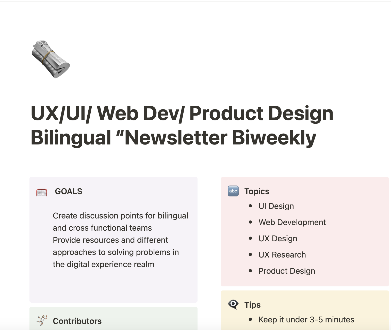 Screenshot of a bilingual newsletter for UX/UI design and web development with sections on goals, topics, contributors, and tips.