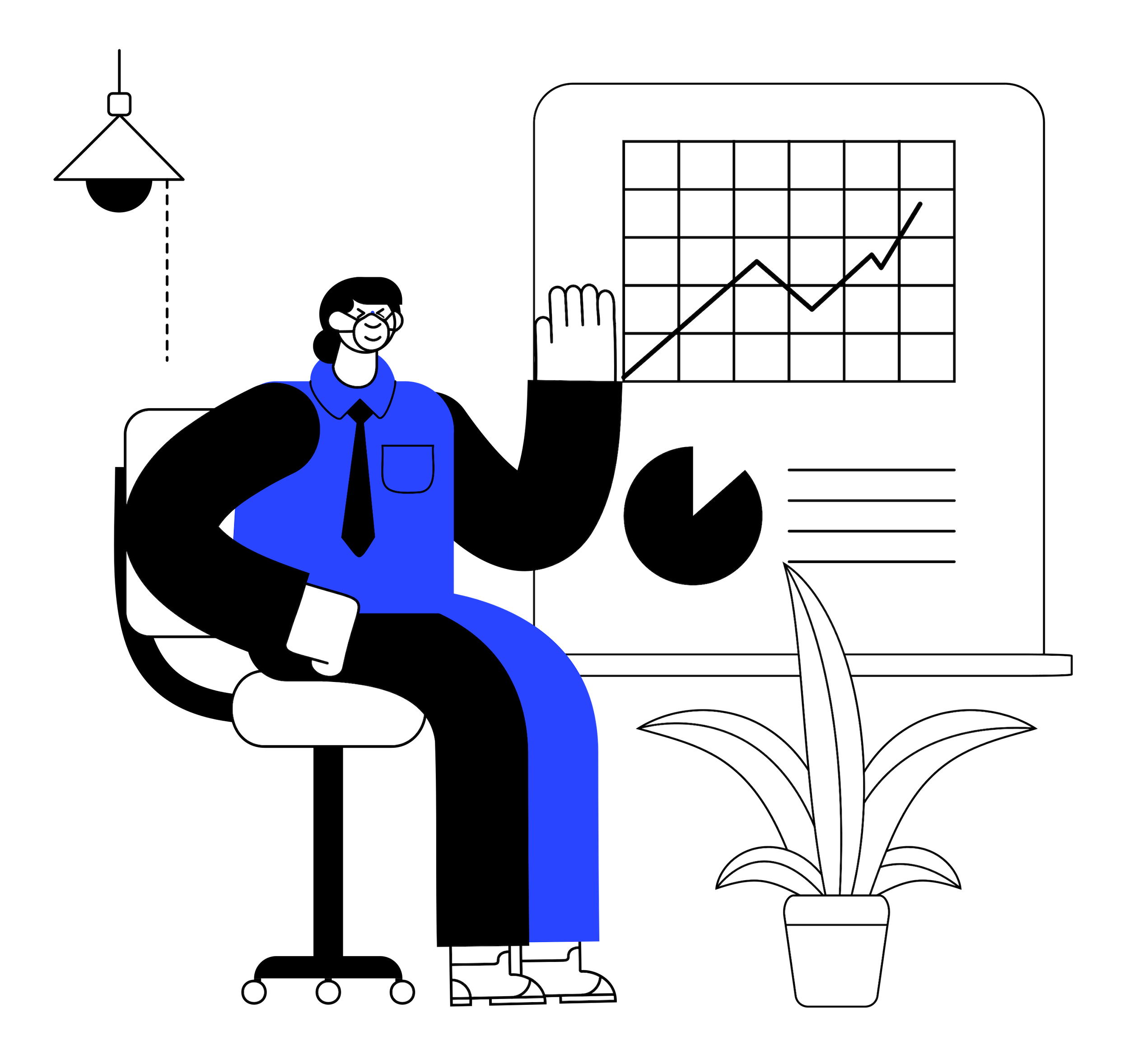 A person in blue clothing sitting in front of a presentation board with a line graph and pie chart, holding a smartphone, with a potted plant nearby.