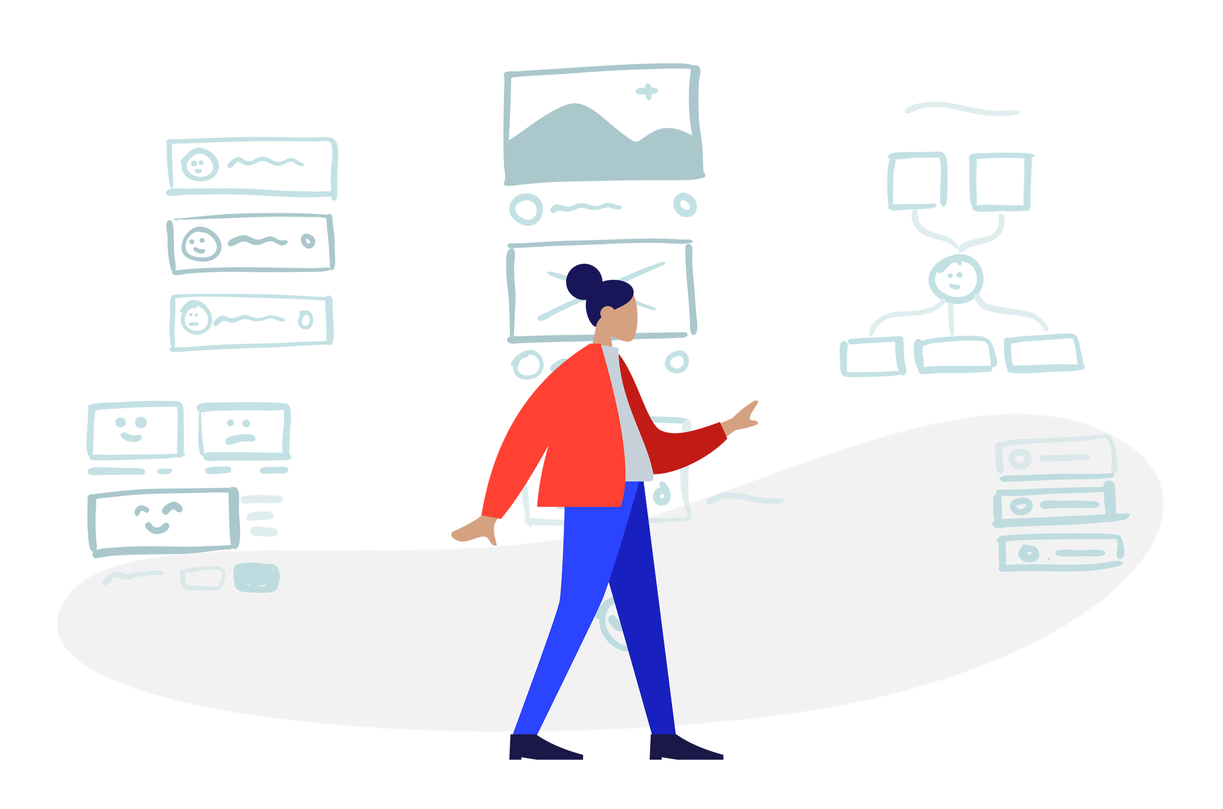 Illustration of a woman with dark hair in a bun, wearing a red jacket, white shirt, and blue pants, standing in front of a large computer server rack with graphical data displays and a monitor.