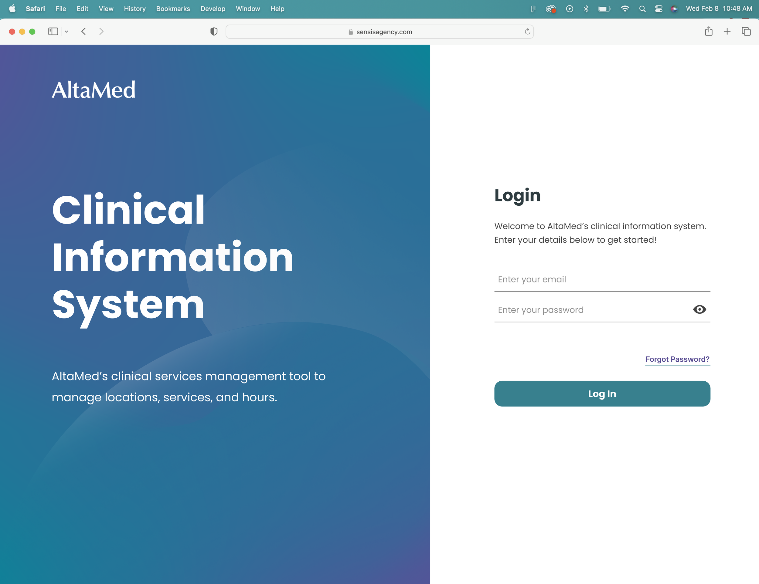 Screenshot of AltaMed's clinical information system login page, with fields for email and password, a 'Log In' button, and a blue and teal themed background.