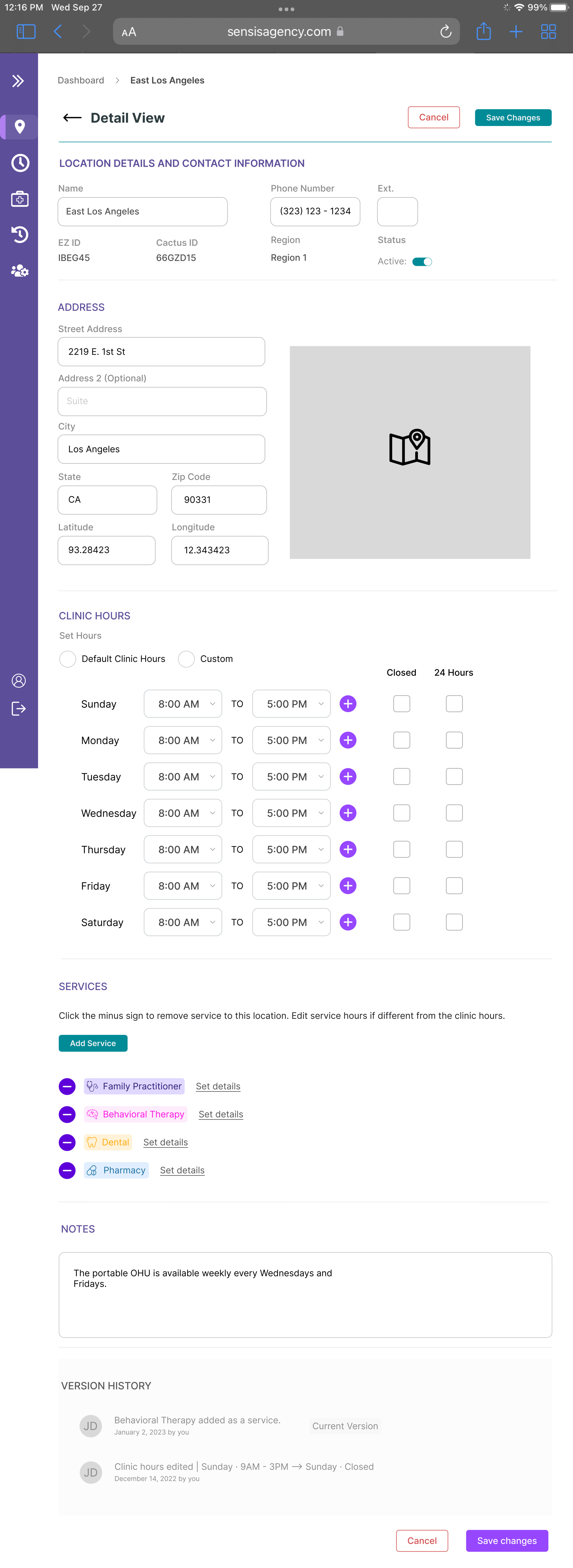 Screenshot of an online medical clinic management dashboard showing location details, contact info, address, clinic hours for each day, available services including family practitioner, behavioral therapy, dental, and pharmacy, as well as notes and v