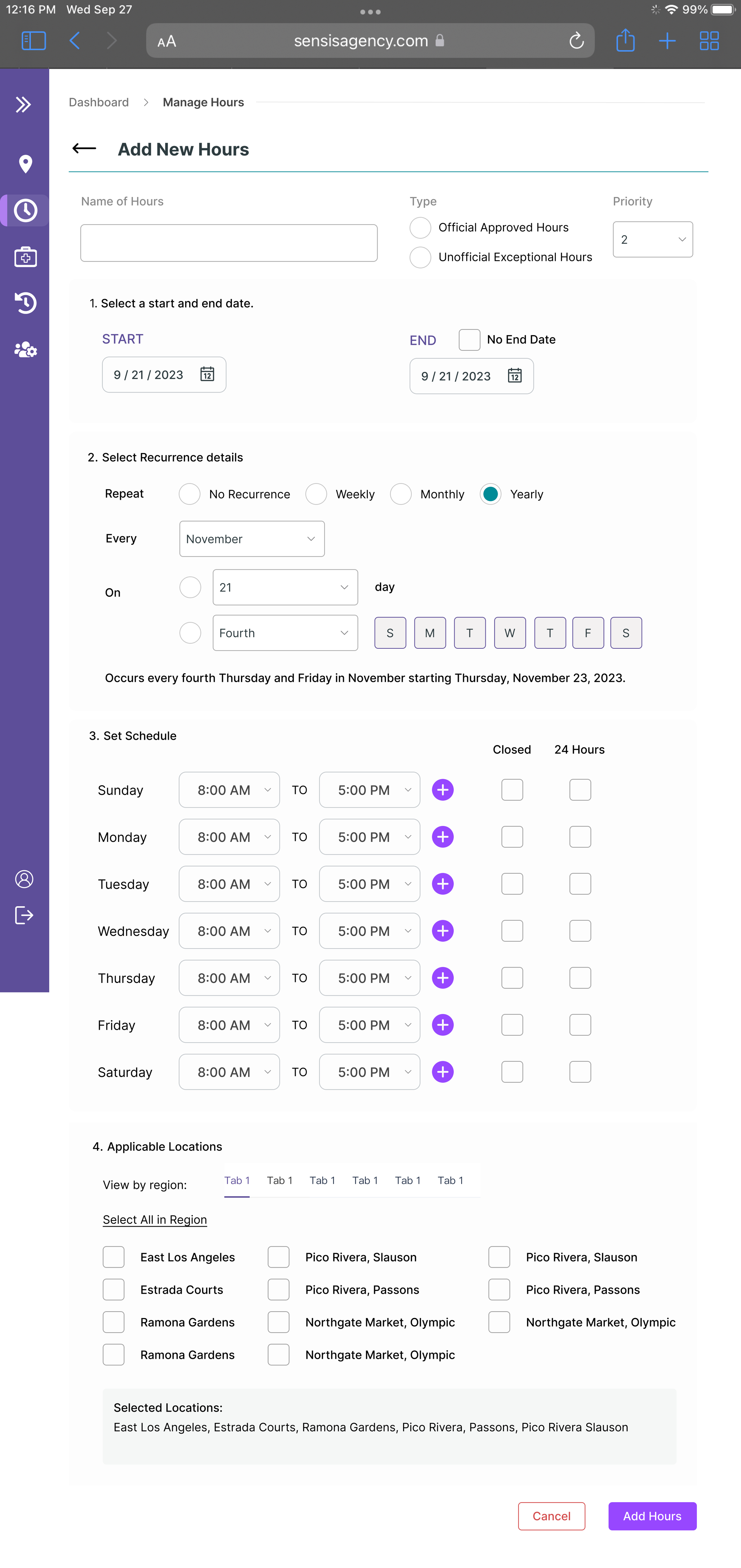 Screenshot of an online scheduling system for managing hours, showing an 'Add New Hours' form with date selection, recurrence options, weekly schedule, applicable locations, and buttons to cancel or add hours.