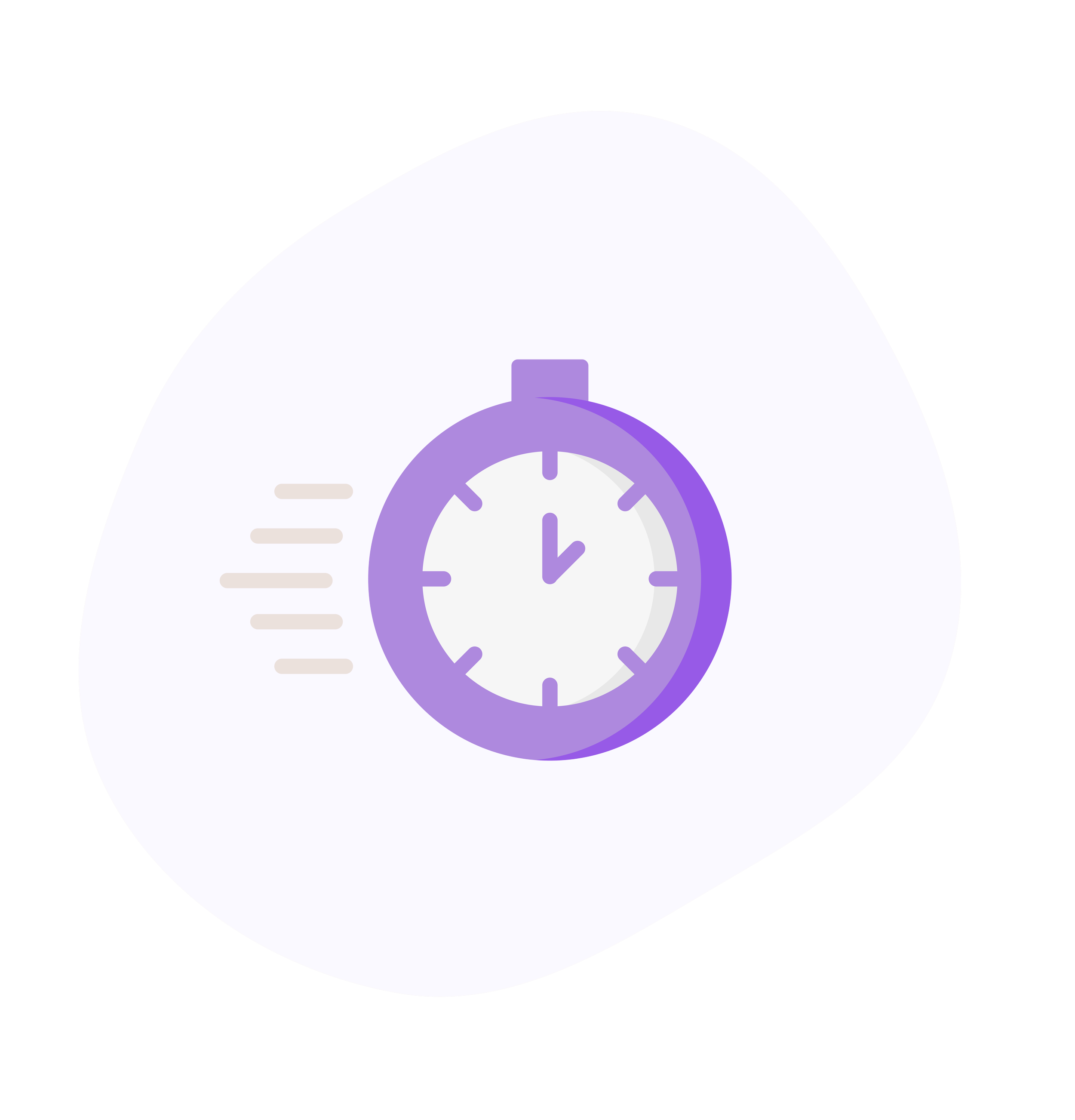 A purple stopwatch with motion lines indicating speed, set against a light purple background.