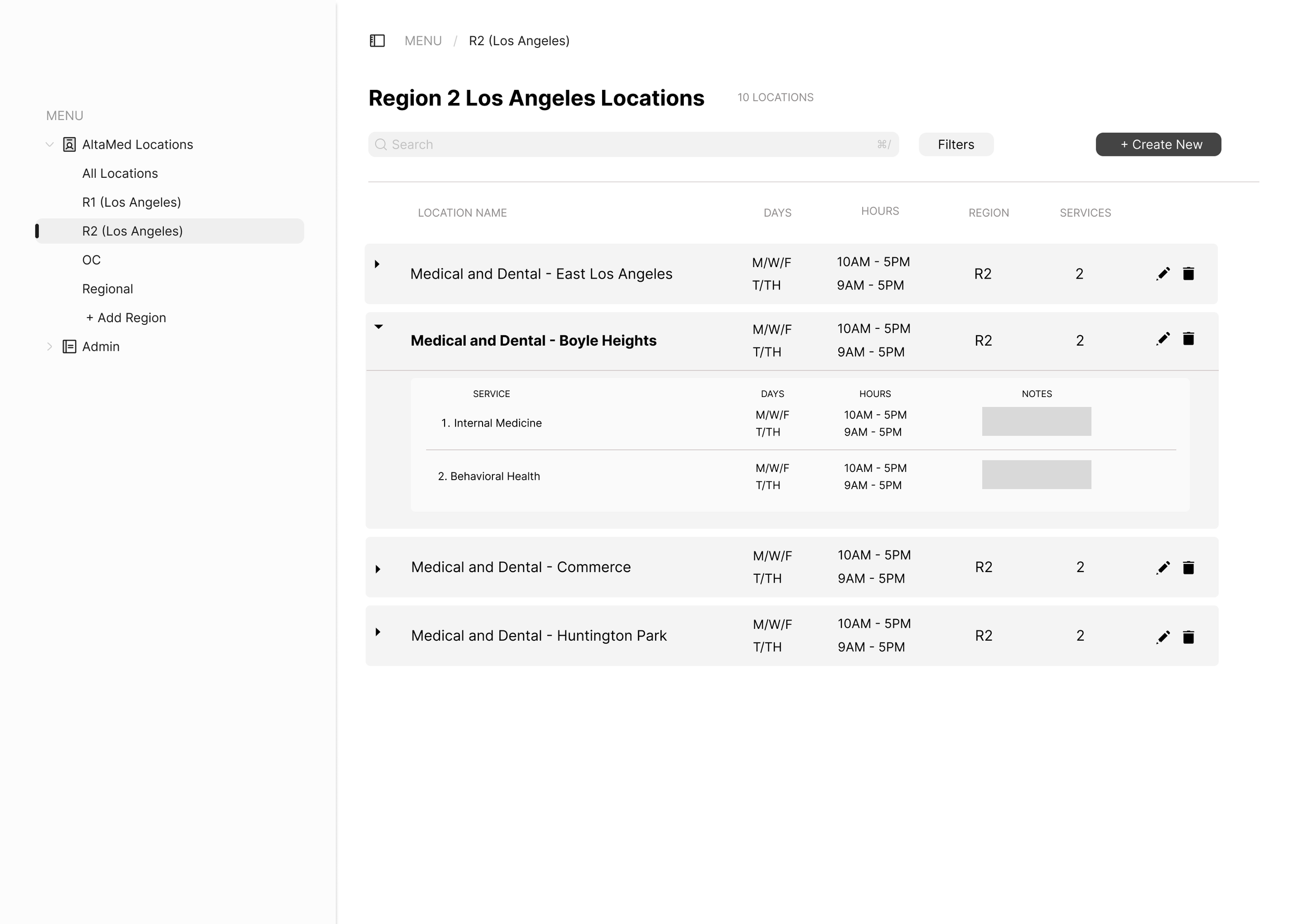 Screenshot of a healthcare facility management webpage showing locations in Los Angeles, including East Los Angeles, Boyle Heights, Commerce, and Huntington Park. Each location lists services, days, hours, and region.