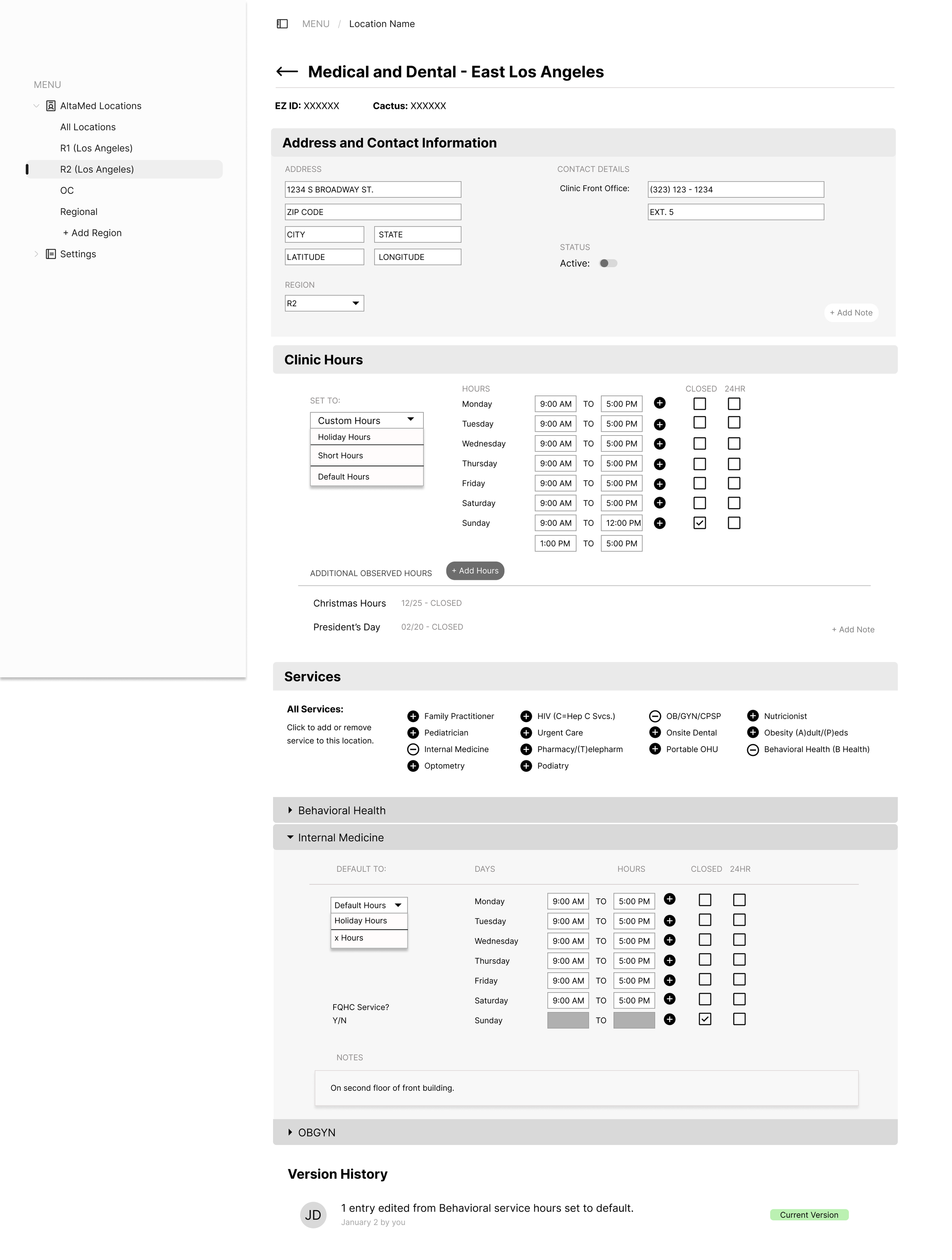 Screenshot of a medical and dental office management system for East Los Angeles location, showing address, contact info, clinic hours, services, and notes section.
