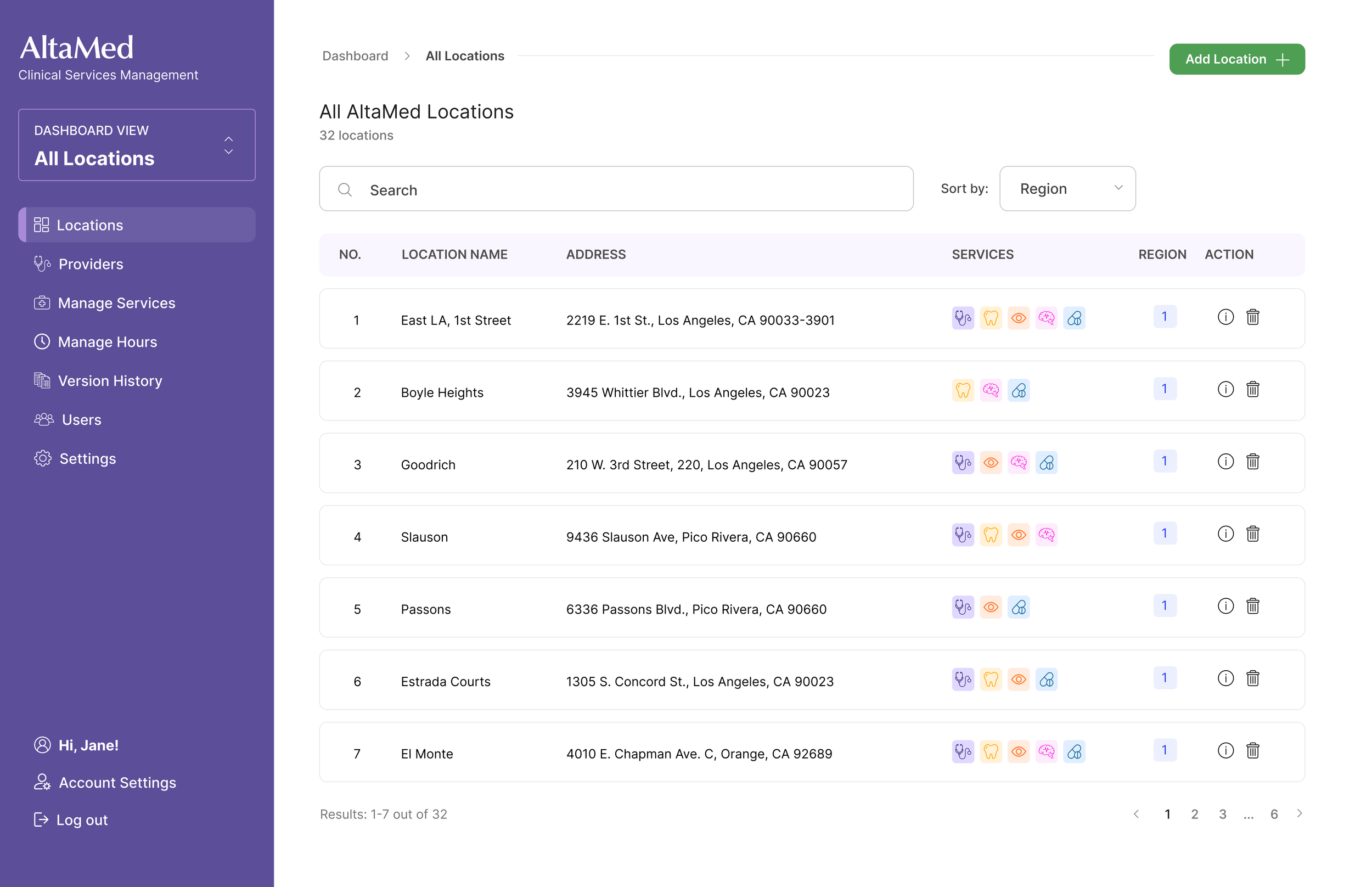 AltaMed Clinical Services Management dashboard showing a list of seven locations with their addresses, services, regions, and action icons.