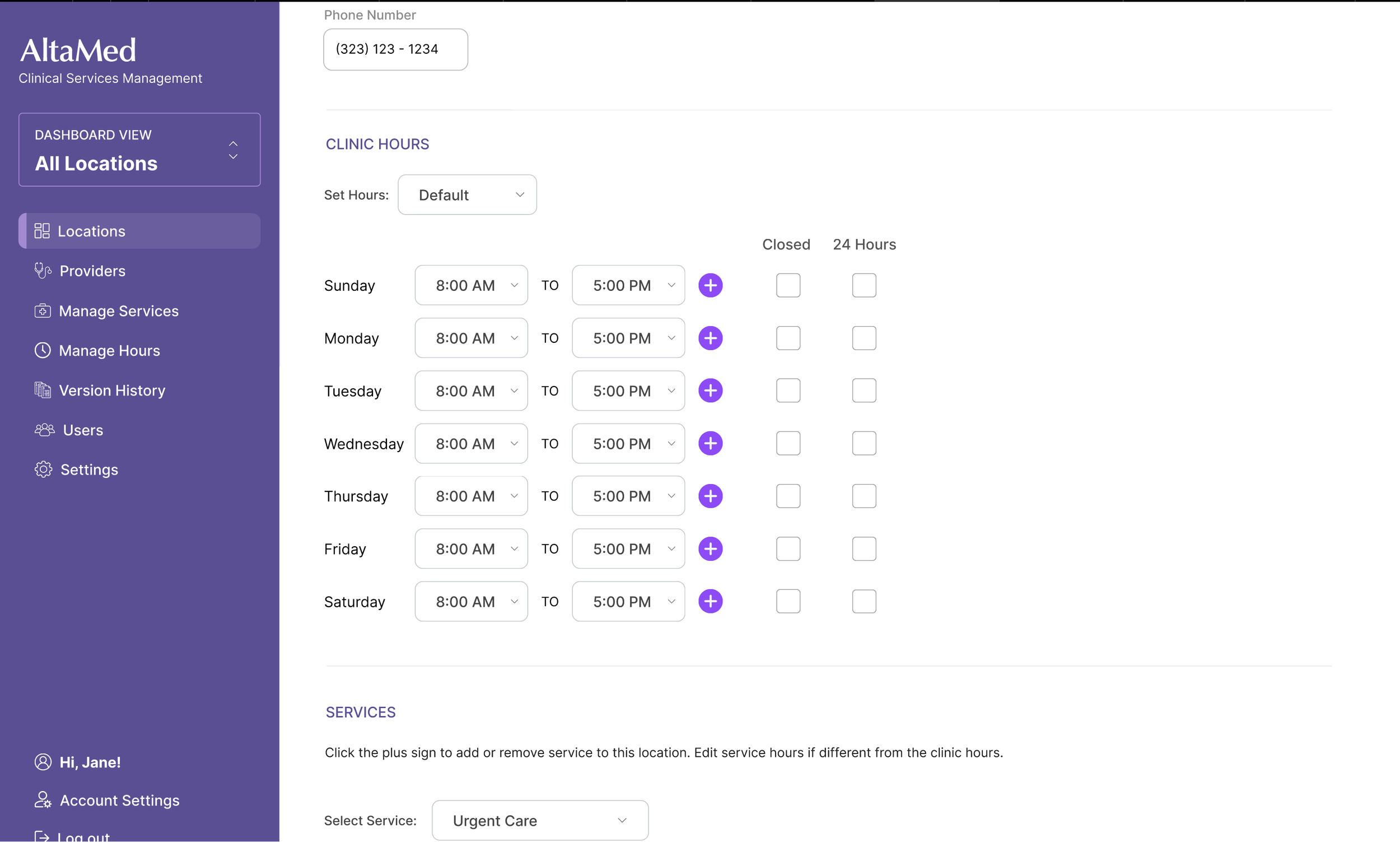 Screenshot of AltaMed clinic management dashboard showing clinic hours from 8:00 AM to 5:00 PM, Monday through Saturday, with options to set hours, close the clinic, or mark it as open 24 hours; on the left is a purple navigation menu with options like Locations, Providers, Manage Services, Manage Hours, Version History, Users, and Settings; at the bottom is a greeting 'Hi, Jane!', along with Account Settings and Logout options.