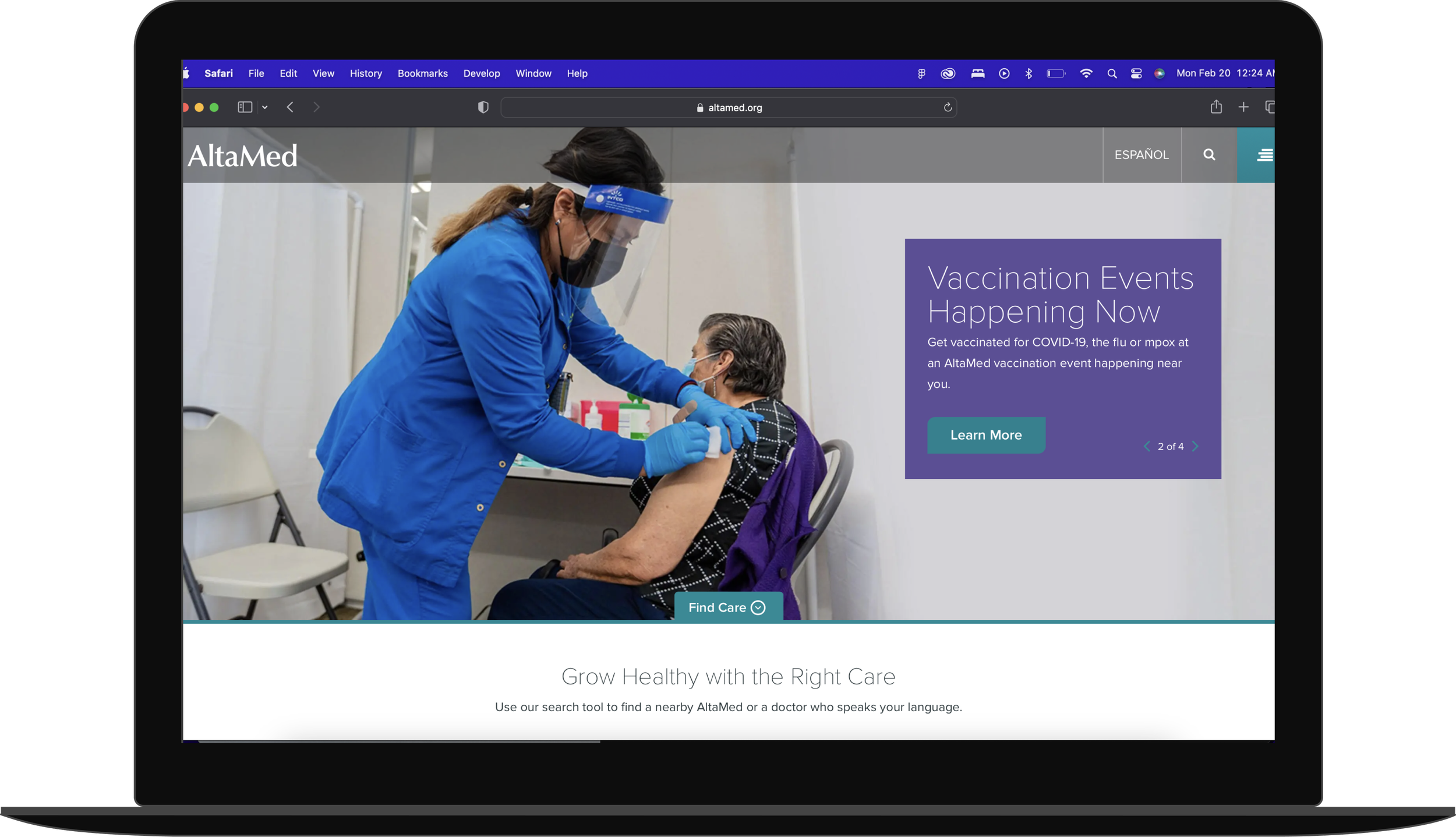 A healthcare worker administering a vaccine to an elderly woman at a vaccination event for COVID-19, flu, or mumps, on the AltaMed website on a computer screen.