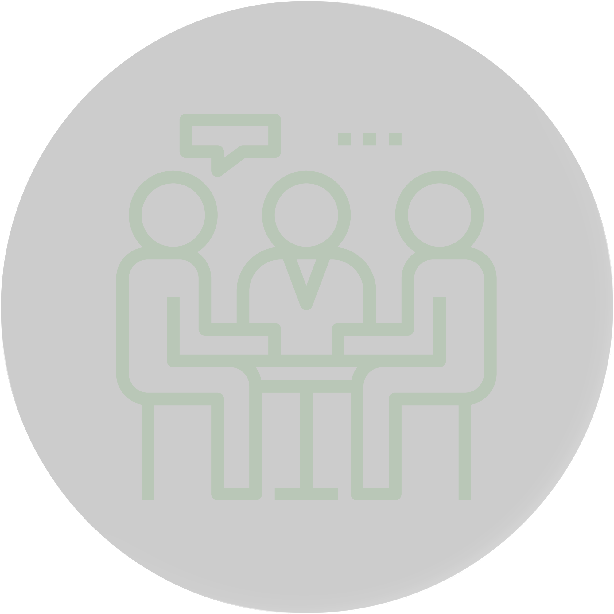 Outline icon of three people sitting around a table, with a speech bubble above one person, on a black background.