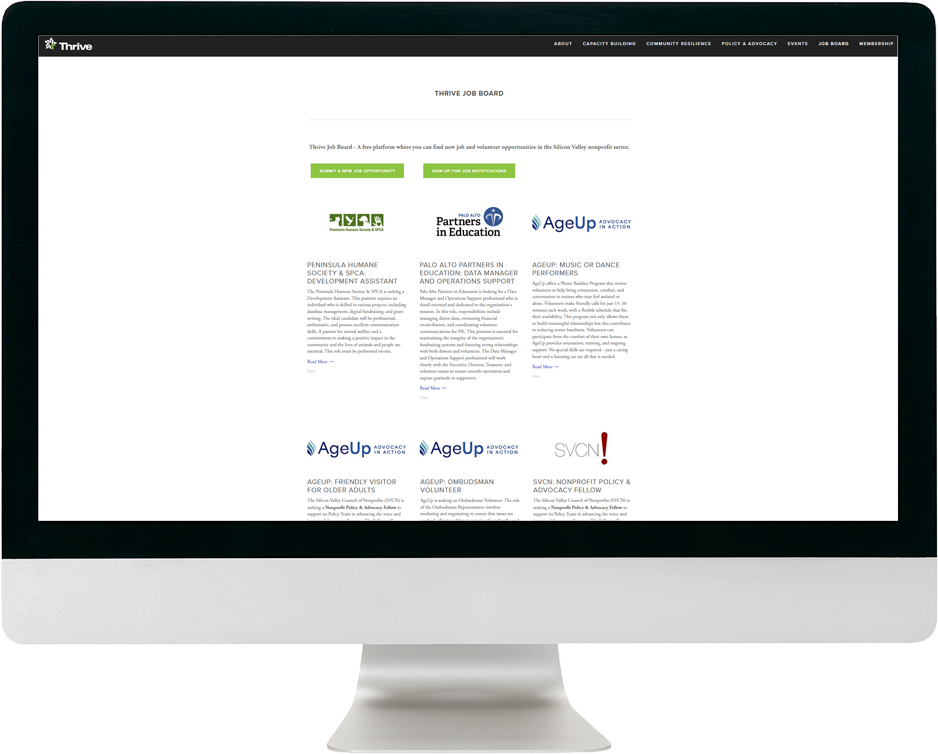 Screenshot of the Thrive Job Board webpage displaying various nonprofit job opportunities in the Silicon Valley area, with options to submit new job opportunities and sign up for notifications.