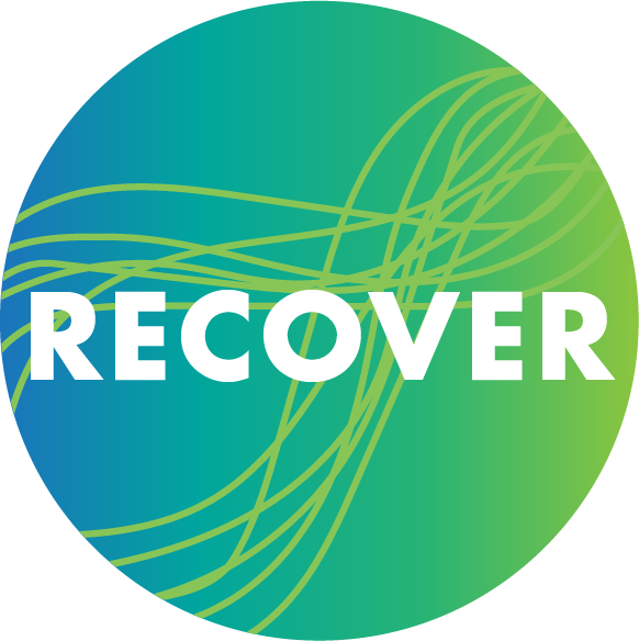 Circular logo with a gradient green and blue background and yellow lines. The word 'RECOVER' written in large white letters across the center.