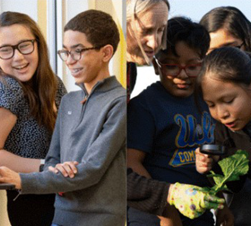 Group of children and adults working together on a project indoors.