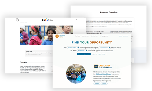 Multiple pages of a website or presentation, including images of children and informational text about funding, opportunities, and California State Library.