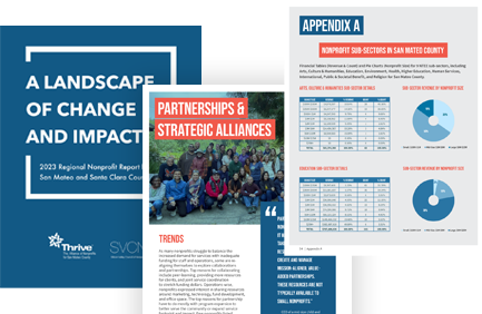 Collection of reports and pages from a nonprofit organization, including a report titled 'A Landscape of Change and Impact,' a page on 'Partnerships & Strategic Alliances' with group photo, and an appendix with charts on nonprofit sub-sectors in San Mateo County.