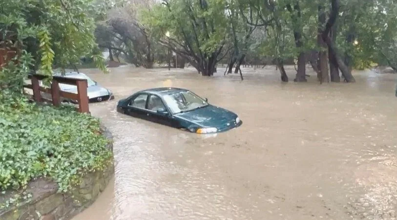 Flooded parking lot with partially submerged black sedan and other cars, surrounded by trees and greenery.