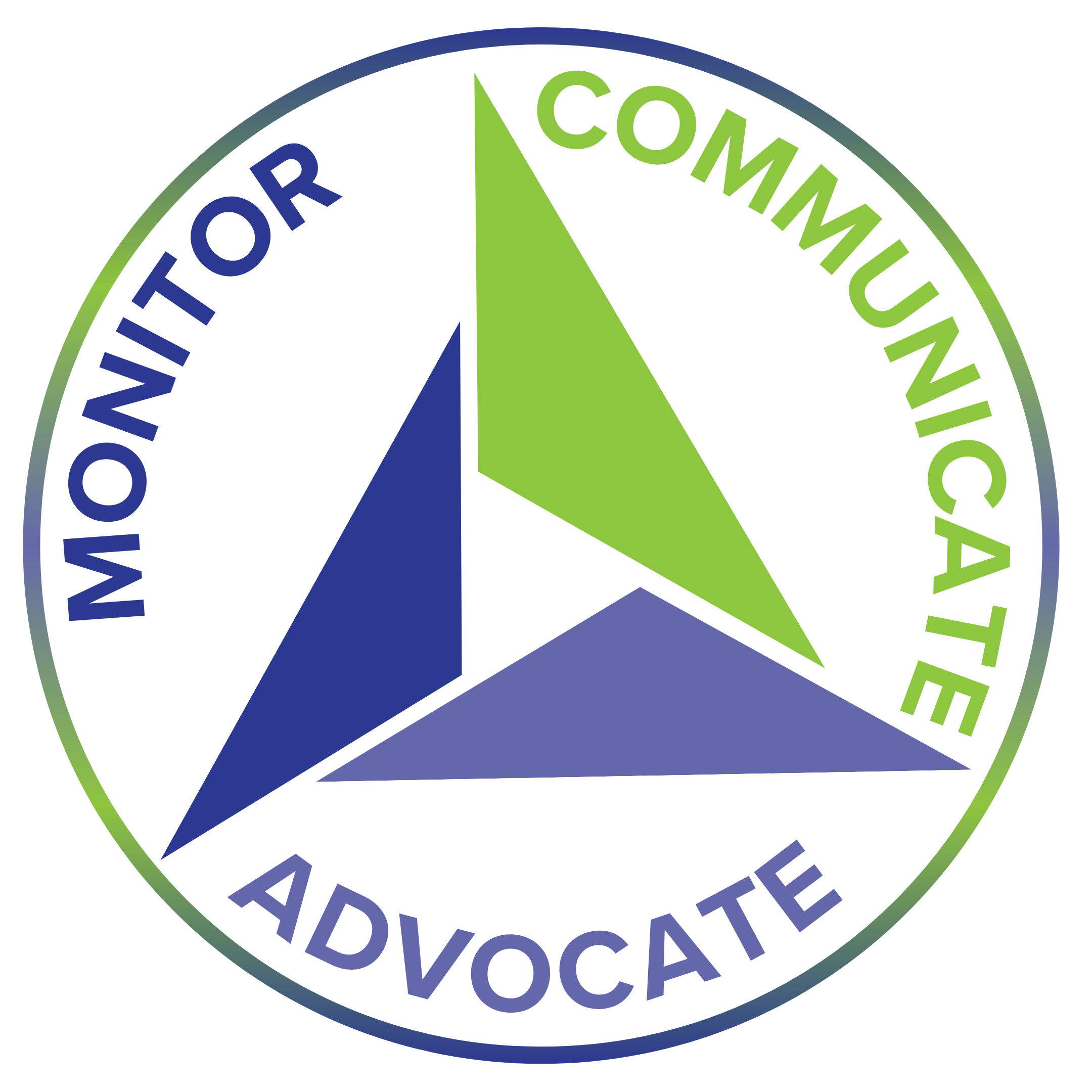 Circular logo with three arrows in a triangular formation, labeled 'Monitor,' 'Communicate,' and 'Advocate' around the border.