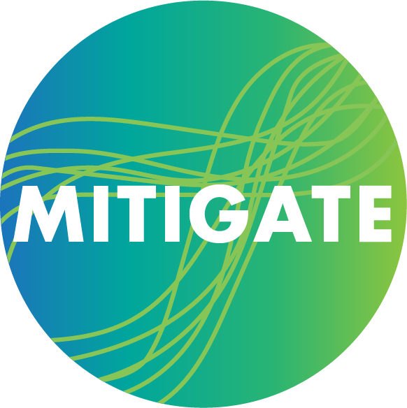 A round logo with a gradient background from blue to green, featuring wavy yellow lines and the word "MITIGATE" in bold white letters across the center.