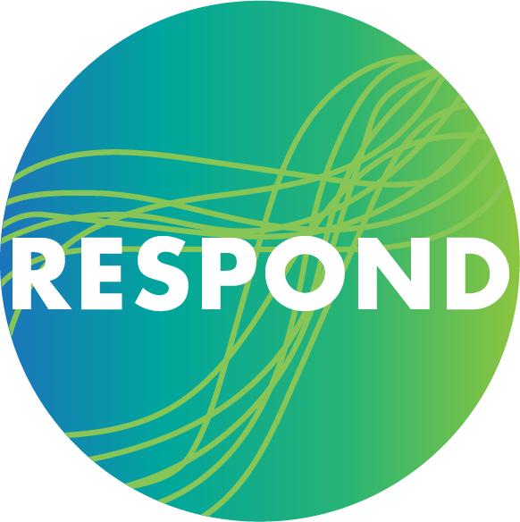 A circular logo with a gradient background from blue to green, featuring abstract yellow lines crossing through it, and the word "RESPOND" in bold white letters in the center.